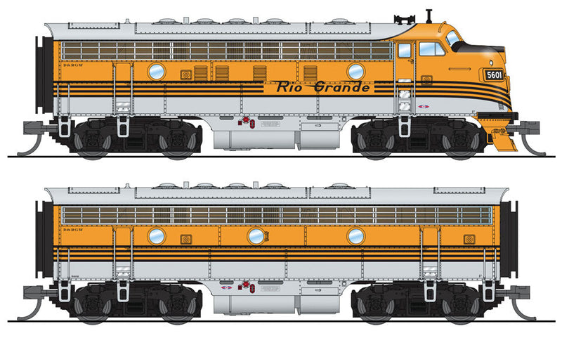 EMD F7 A-B Phase I Set w/Sound & DCC - Paragon3 -- Denver & Rio Grande Western #5601, 5602 (5-Stripe, silver, Aspen Gold)