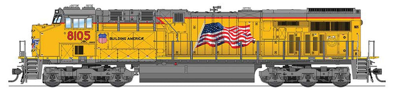 GE ES44AC - Sound and DCC - Paragon3 -- Union Pacific #8109 (Armour Yellow, gray; U.S. Flag, Building America Logo)