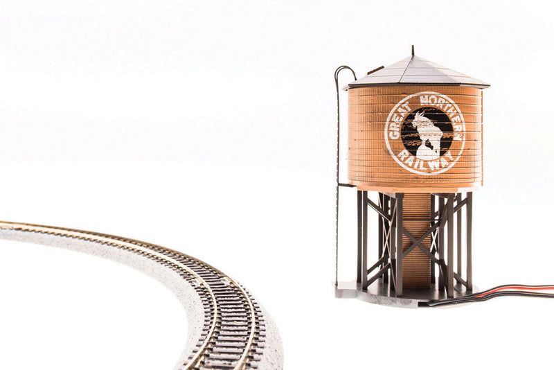 Operating Water Tower w/Sound -- Great Northern (Weathered brown, Big Sky Blue, white, Silhouette Rocky Logo)