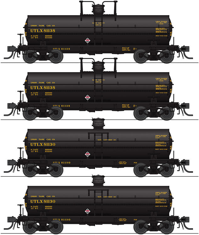6000-Gallon Tank Car 4-Pack - Ready to Run -- Union Tank Car Co. #81138, 81142, 81130, 81133 (black, yellow)