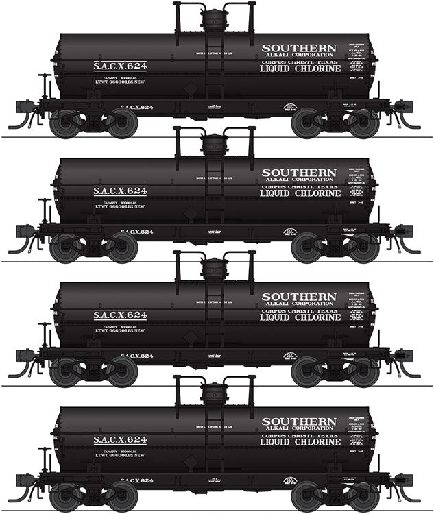 6000-Gallon Tank Car 4-Pack - Ready to Run -- Southern Alkali SACX #624, 625, 628, 630 (black, white)