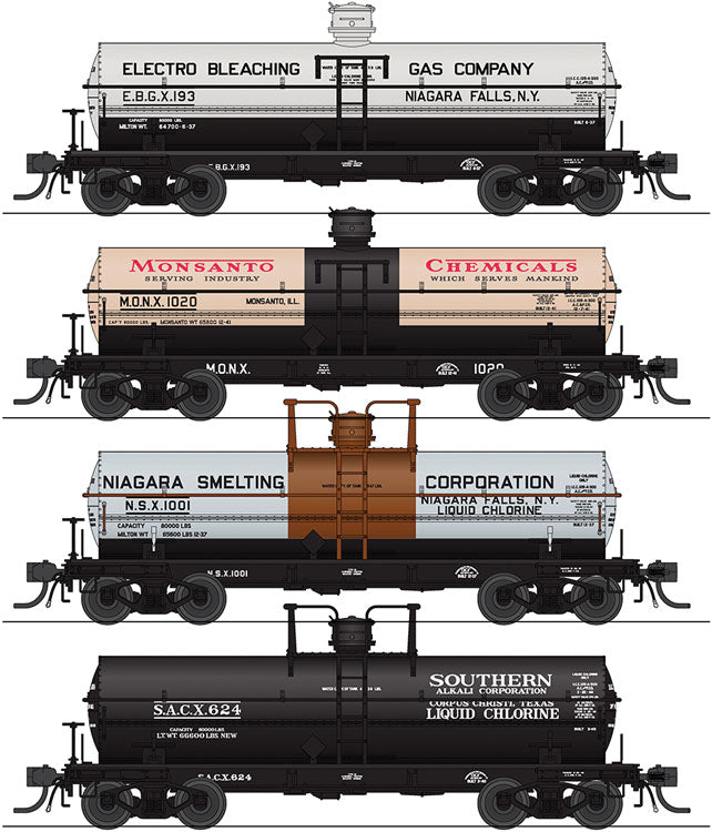 6000 Gallon Tank Car 4-Pack - Ready to Run -- 1940s Variety Set C Electro Bleach, Monsanto, Niagara Smelting, Southern Alk