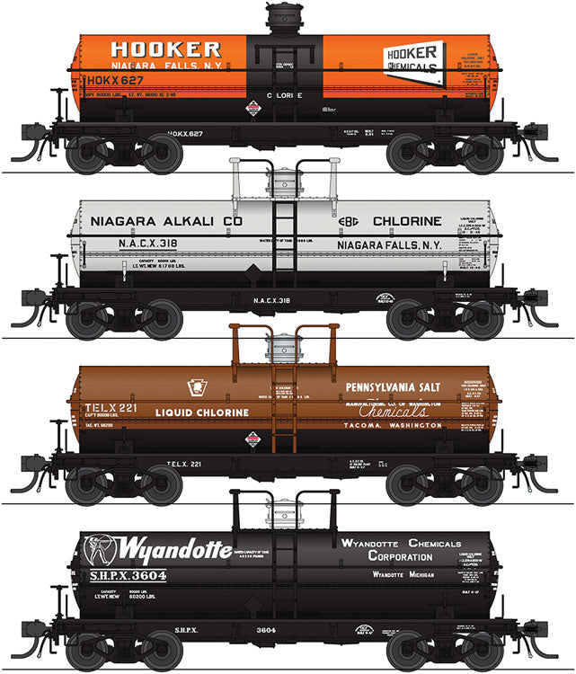 6000 Gallon Tank Car 4-Pack - Ready to Run -- 1950s Variety Set D Hooker (orange), Niagara Alkali, Wyandotte, Penn Salt