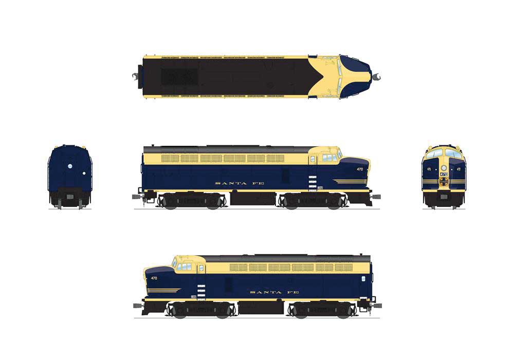 Baldwin RF16A Sharknose A - Sound & DCC - Paragon4(TM) -- Santa Fe #470C (Fantasy Scheme, Cat Whisker, blue, yellow)-2