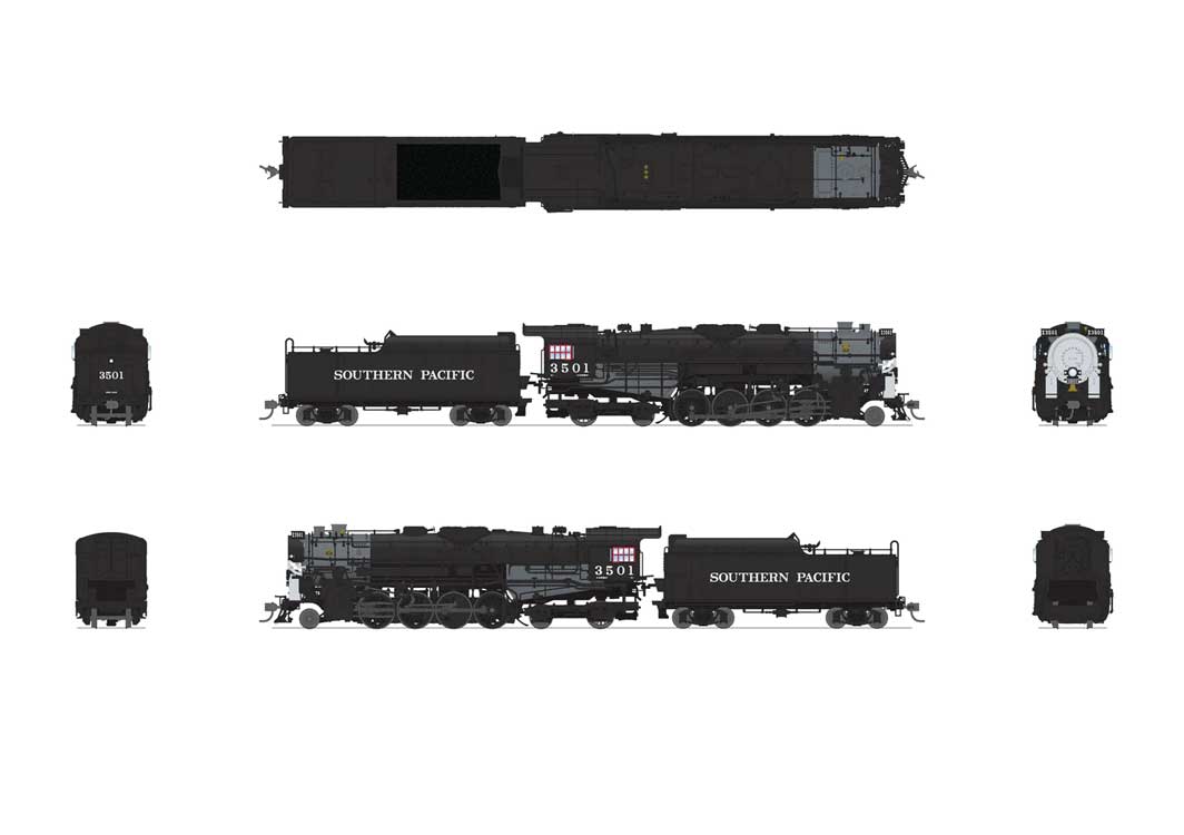 Class T1a 2-8-4 Berkshire Square Tender - Standard DC - Stealth Series -- Southern Pacific #3501 (black, graphite, Large Lettering)-2