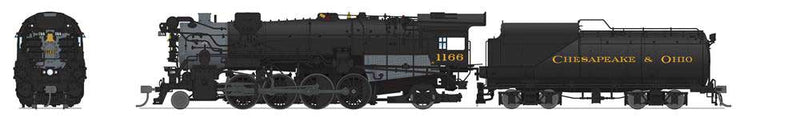 Class K-2 2-8-2 Mikado with 12-VC Tender - Standard DC - Brass Hybrid Stealth -- Chesapeake & Ohio #1166 (black, graphite, yellow)