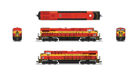 GE ES44AC - Standard DC - Stealth -- Florida East Coast #807 (red, yellow)-2