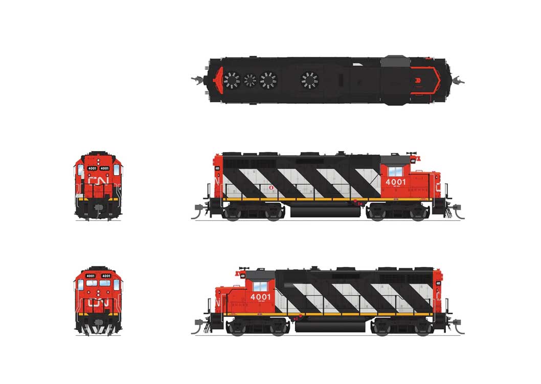 EMD GP35 Low Nose - Standard DC - Stealth -- Canadian National #4001 (Sargent Stripe, black, white, red)-2