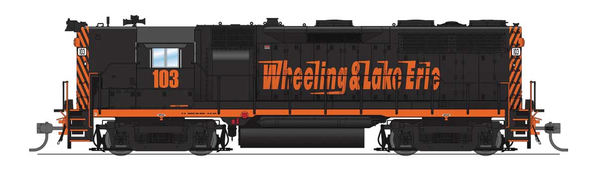 EMD GP35 High Nose - Standard DC - Stealth -- Wheeling & Lake Erie #105 (black, orange, Speed Lettering)-1