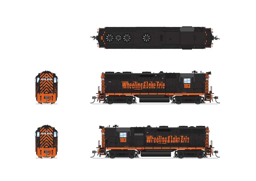 EMD GP35 High Nose - Standard DC - Stealth -- Wheeling & Lake Erie #105 (black, orange, Speed Lettering)-2