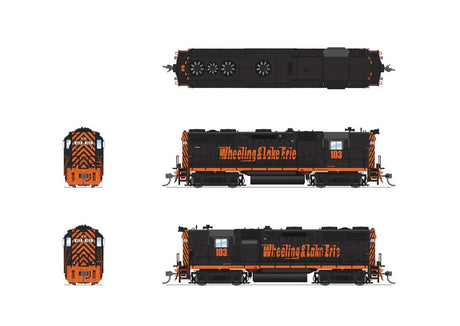 EMD GP35 High Nose - Standard DC - Stealth -- Wheeling & Lake Erie #105 (black, orange, Speed Lettering)-2