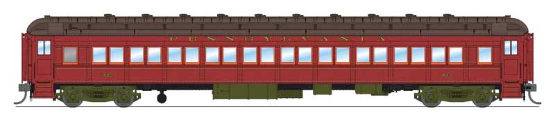 PRR PB70 Combine, 3 P70Coach, Z74D Business Observation Set - RTR -- Pennsylvania Railroad #5034, 823, 989, 1042, 120 (1930s, Tuscan, Black)-1