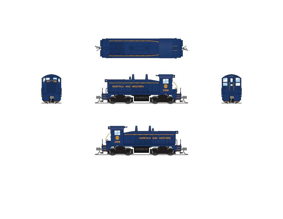 EMD SW7 - Standard DC - Stealth -- Norfolk & Western #3358 (blue, yellow, Hamburger Logo)-2