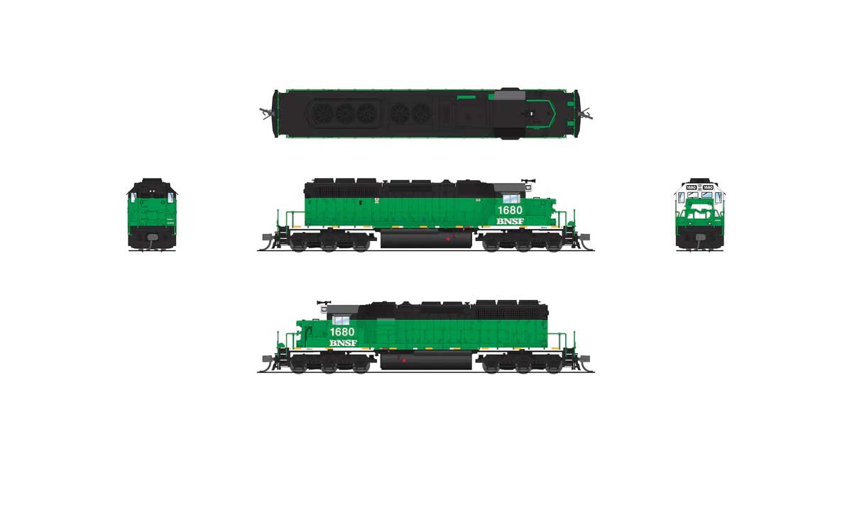 EMD SD40-2 Low Nose - Standard DC - Stealth -- BNSF Railway #1686 (Ex-BN Cascade Green, black, white)-2