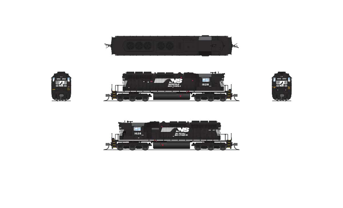 EMD SD40-2 Low Nose - Standard DC - Stealth -- Norfolk Southern #1628 (black, white, Horse Head Logo)-2