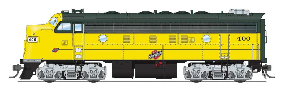 EMD F7 A-Unpowered B Set - Standard DC - Stealth -- Chicago & North Western #400, 410 (executive Scheme, yellow, green, silver)-1
