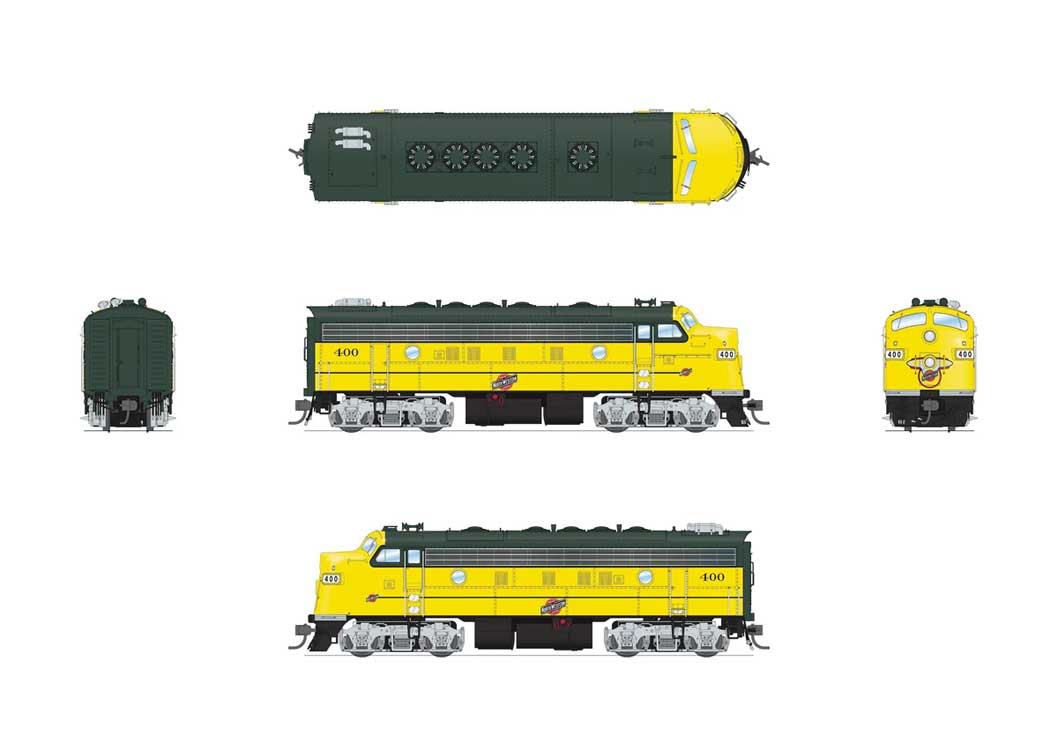 EMD F7 A-Unpowered B Set - Standard DC - Stealth -- Chicago & North Western #400, 410 (executive Scheme, yellow, green, silver)-3