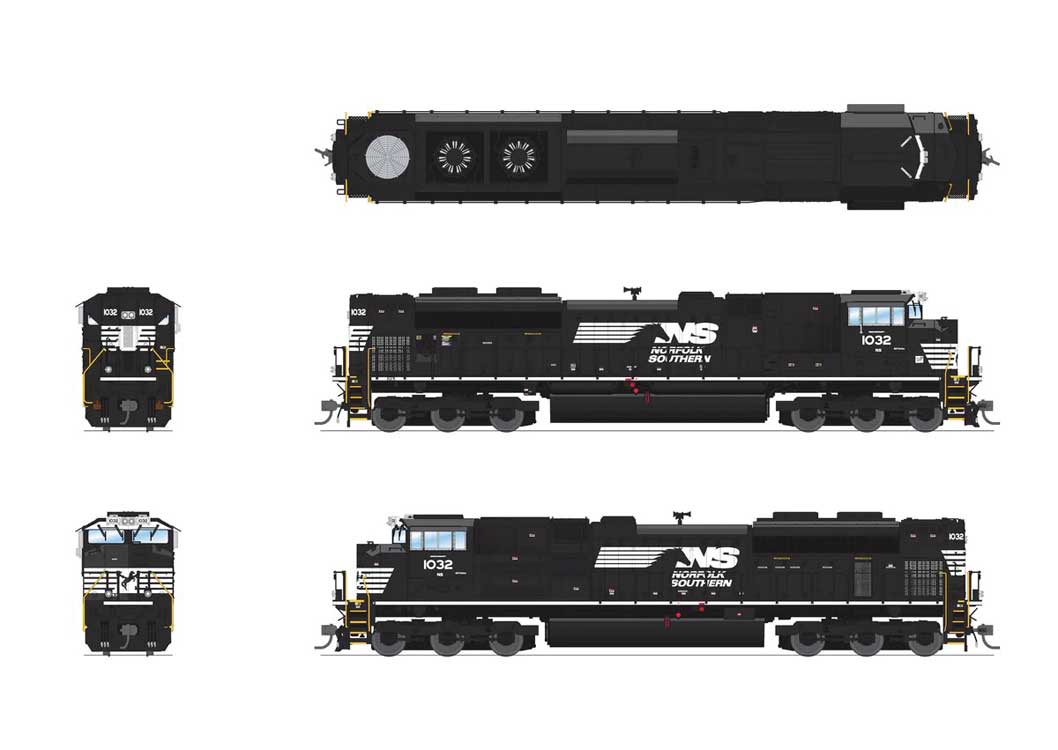 EMD SD70ACe - Standard DC - Stealth Series -- Norfolk Southern #1032 (black, white, Horse Head Logo)-2