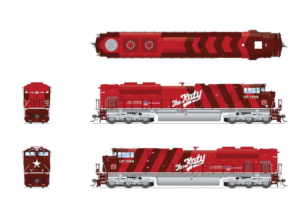 EMD SD70ACe - Standard DC - Stealth Series -- Union Pacific #1988 (Missouri-Kansas-Texas Heritage, red, silver)-2