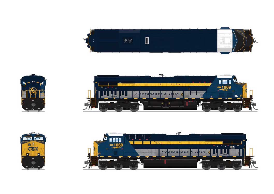 GE ES44AC GEVO - Standard DC - Stealth -- CSX #1869 (Chesapeake & Ohio Heritage, blue, gray, yellow)-2