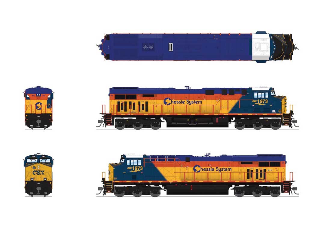 GE ES44AC GEVO - Standard DC - Stealth -- CSX #1869 (Chessie System Heritage, blue, yellow, orange)-2