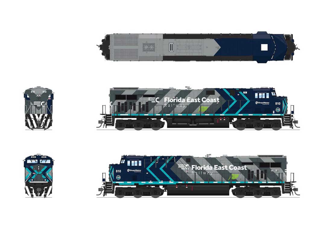 GE ES44AC GEVO - Standard DC - Stealth -- Florida East Coast #810 (Grupo Mexico Scheme, gray, teal, green)-2