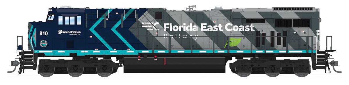 GE ES44AC GEVO - Standard DC - Stealth -- Florida East Coast #815 (Grupo Mexico Scheme, gray, teal, green)-1