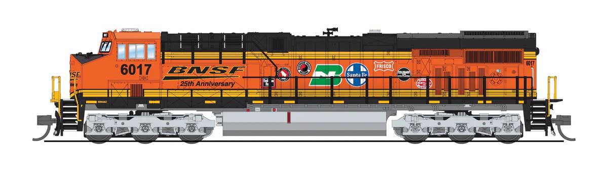 GE ES44AC GEVO - Standard DC - Stealth -- BNSF Railway #6022 (25th Anniversary Scheme, orange, black, yellow)-1