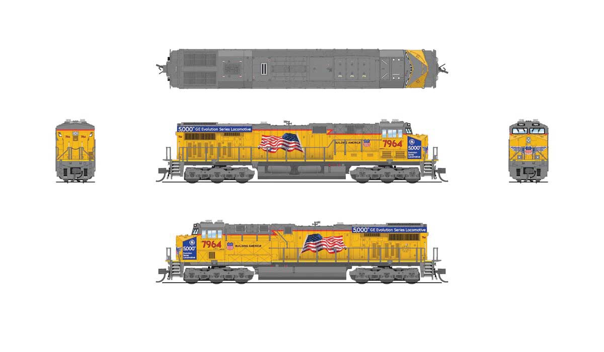GE ES44AC GEVO - Sound and DCC - Paragon4(TM) -- Union Pacific #7964 (5000th GEVO, Armour Yellow, gray, Large US Flag)-2