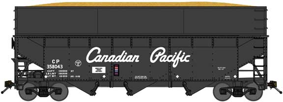 Offset-Side 3-Bay Wood Chip Hopper, Flat Side Extensions 3-Pack - Ready to R -- Canadian Pacific (black, Script Lettering)