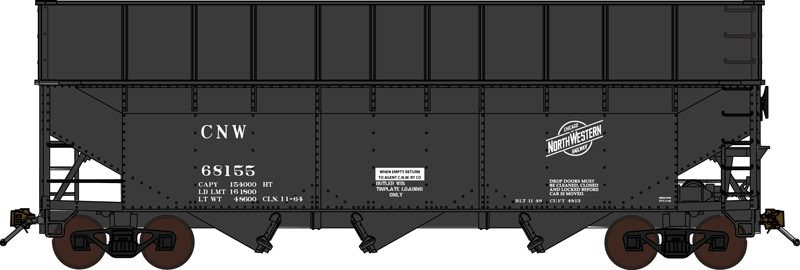 Offset-Side 3-Bay Wood Chip Hopper w/Ribbed Side Extensions - Ready to Run -- Chicago & North Western (black)