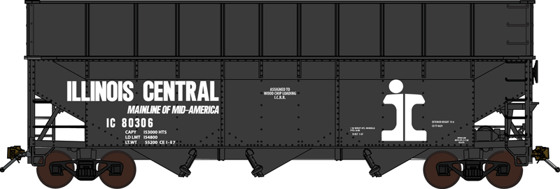 Offset-Side 3-Bay Wood Chip Hopper w/Rib-Side Extensions - Ready to Run -- Illinois Cantral (black, I Rail Logo, Mainline of Mid America Slogan)