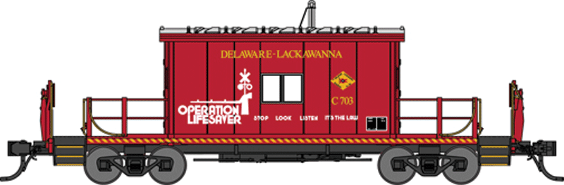 Steel Transfer Caboose - Ready to Run -- Delaware-Lackawanna #C703 (red, yellow, Operation Lifesaver Logo)