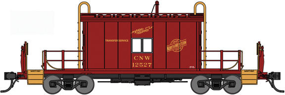 Short-Roof Transfer Caboose w/Running Board - Ready to Run -- Chicago & North Western #12527 (Boxcar Red, yellow)