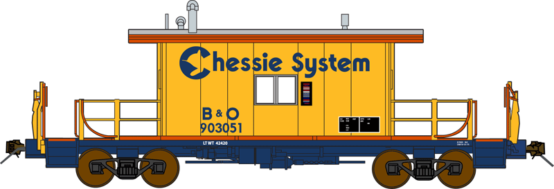 Steel Transfer Caboose w/Long Roof - Ready to Run -- Chessie System/B&O #903051 (yellow, orange, blue)