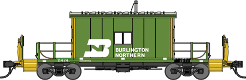 Steel Transfer Caboose w/Short Roof - Ready to Run -- Burlington Northern #11474 (Cascade Green, yellow, white)