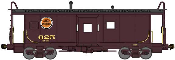 International Car Bay Window Caboose Phase 2 - Ready to Run -- Chicago Great Western 625 (maroon, red, yellow, Lucky Strike Logo)