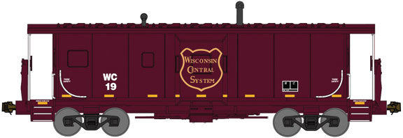 International Car Bay Window Caboose Phase 2 - Ready to Run -- Wisconsin Central shoving platform 19 (maroon, yellow, Painted-Over Windows)-1