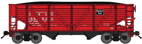 2-Bay War-Emergency Composite Hopper w/Load 2-Pack - Ready to Run -- Chicago, Burlington & Quincy (Chinese Red, black)