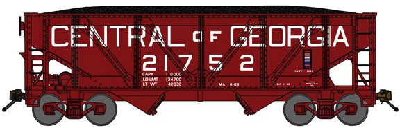2-Bay Rebuilt War-Emergency Hopper w/Load - Ready to Run -- Central of Georgia (Boxcar Red, 1960s Billboard Lettering)
