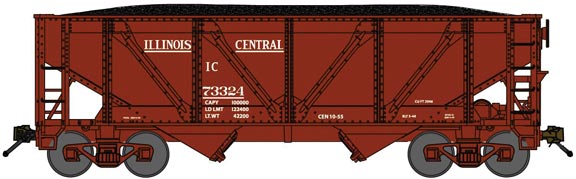 2-Bay Rebuilt War-Emergency Hopper with Load - Ready to Run -- Illinois Central 73552 (1955 Freight Car Red)