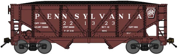 2-Bay Rebuilt War-Emergency Hopper with Load - Ready to Run -- Pennsylvania Railroad 220945 (Class H31 1954, Tuscan, Shadow Keystone)