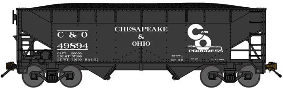 2-Bay Offset-Side Hopper w/Load - Ready to Run -- Chesapeake & Ohio (Post-1948, black, Progress Logo, Spelled-Out Roadname)