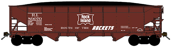 70-Ton Offset-Side 3-Bay Hopper w/Load 3-Pack - Ready to Run -- Rock Island (Boxcar Red, Large Centered Logo, Route of the Rockets Slogan)