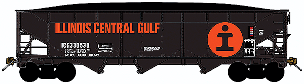 70-Ton Offset-Side 3-Bay Hopper w/Load 2-Pack - Ready to Run -- Illinois Central Gulf (black, orange, Large orange Ball Logo)