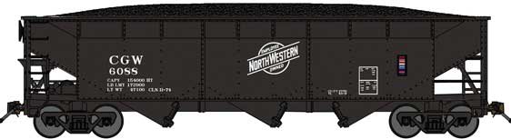 70-Ton Offset-Side 3-Bay Hopper w/Load - Ready to Run -- Chicago & North Western CGW #6074 (black,white  Employee Owned Logo)