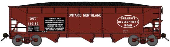 70-Ton Offset-Side 3-Bay Hopper w/Load - Ready to Run -- Ontario Northland #140165 (C&O Coal Service Stencil, Boxcar Red, Oval Logo)