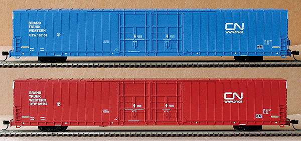 Canadian National Double Door Boxcar, Assembled, 2-Pack -- Grand Trunk Western (One Each brown, blue, Web Site Logo)