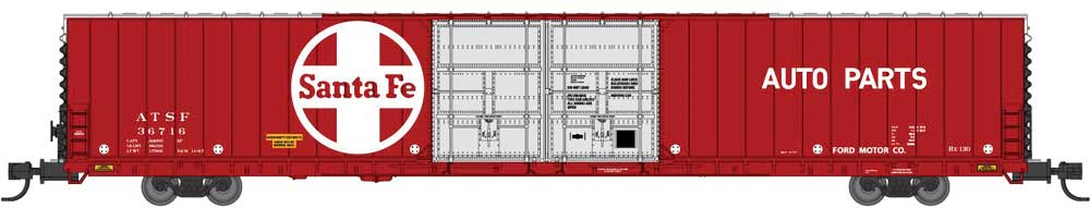 Pullman-Standard 86' Auto Parts Double-Door Boxcar - Ready to Run -- Santa Fe #36713 (red, silver, white, Auto Parts Lettering, black ends)