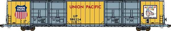 Pullman-Standard 86' AutoParts Quad-Door Boxcar, Assembled -- Union Pacific (Armour Yellow, silver, Red Lettering, Automated Railway Logo)